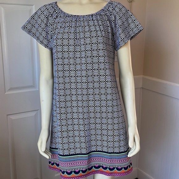 JUDE Connally Blue & White Print Off The Shoulder Mini Shift Dress S - Picture 7 of 13